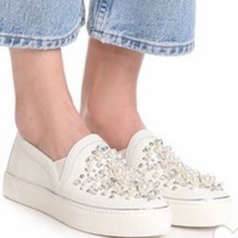 Stuart Weitzman Pearl Embellished Leather SlipOn Platform Sneakers Shoe Slides 7 - Picture 3 of 16